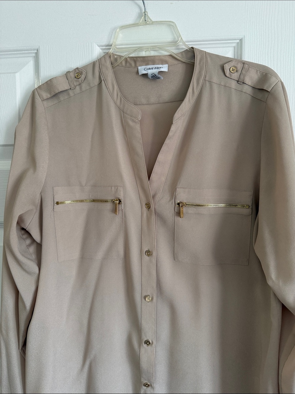Calvin Klein Taupe Utility Shirt Jacket with Gold Zippers